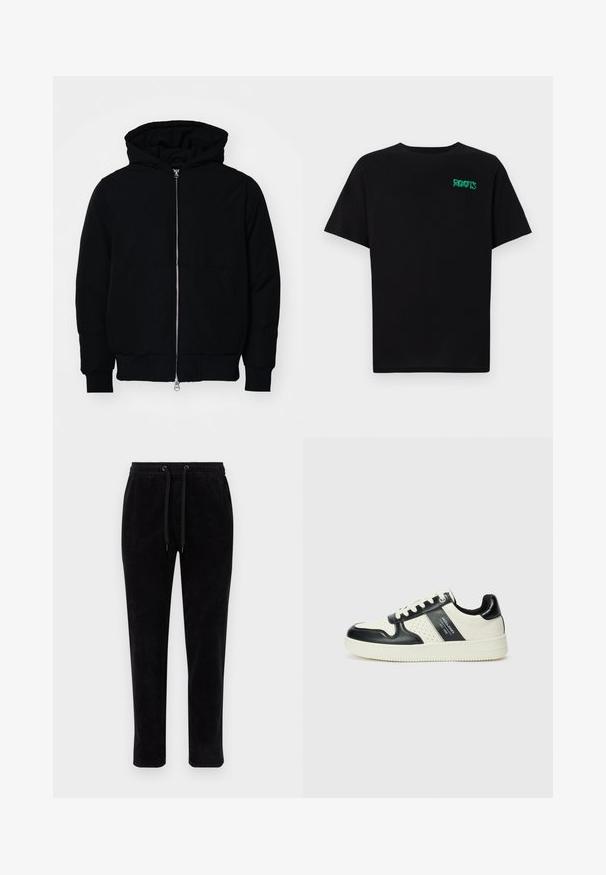 Chaqueta negra con capucha, cierre frontal, bolsillo tipo canguro, y puños y dobladillo acanalados, exhibida sobre un fondo blanco liso.; Camiseta negra de algodón con mangas cortas. Presenta un logo verde "ROOTS" en el frente, escote redondo y corte estándar.; Pantalones de pana negros con una cintura elástica, cuerdas de ajuste y un corte ajustado. La tela tiene una textura ribeteada vertical.; Zapatillas de cuero con un esquema de colores negro y crema, que cuentan con acentos perforados, un collar acolchado y una suela texturizada.