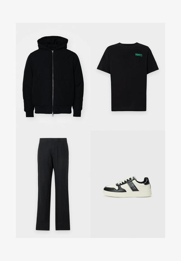 Crna kapuška jakna s prednjim zatvaračem, kenguru džepom, rebrastim manžetama i rubom, prikazana na običnoj bijeloj pozadini.; Crna majica kratkih rukava od pamuka. Na prednjem dijelu se nalazi zeleni "ROOTS" logo, okrugli izrez i standardni kroj.; Crne hlače od laganog materijala, krojenog fit-a, ravne nogavice, s kopčanjem na gumbu i prednjim džepovima. Glatka tekstura.; Kožne tenisice s crno-bijelom paletom boja, koje imaju perforirane akcentne detalje, podstavljeni ovratnik i teksturiranu potplat.