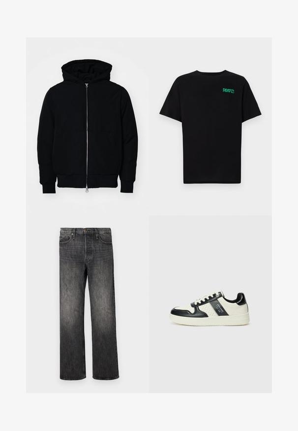 Chaqueta negra con capucha, cierre frontal, bolsillo tipo canguro, y puños y dobladillo acanalados, exhibida sobre un fondo blanco liso.; Camiseta negra de algodón con mangas cortas. Presenta un logo verde "ROOTS" en el frente, escote redondo y corte estándar.; Jeans de mezclilla en gris oscuro con corte recto, cinco bolsillos, cierre de botón metálico y un ligero desgastado. Diseño limpio sin patrones visibles.; Zapatillas de cuero con un esquema de colores negro y crema, que cuentan con acentos perforados, un collar acolchado y una suela texturizada.