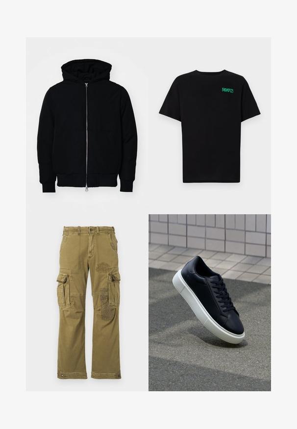 Melna kapucēta jaka ar priekšējo rāvējslēdzēju, kenguru kabatu, ribinātām aprocēm un apakšmalu, parādīta uz vienkārša balta fona.; Melna kokvilnas t-kreka ar īsām piedurknēm. Uz priekšu ir zaļa "ROOTS" logo, apaļa kakla izgriezums un standarta piegriezums.; Olīvzaļa kravas bikses ar vairākiem kabatām, ar rakstainu plāksteri labajā kājā un pastiprinātu šuvi. Brīva piegriezuma un auduma tekstūra.; Melnas ādas kedas ar noapaļotu pirkstu un baltu gumijas zoli. Iespējas - plakanas šņorītes un minimāla apdare augšdaļā. Struktūrēta zole, lai nodrošinātu saķeri.