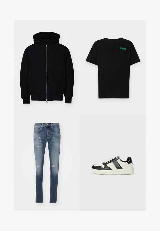 Chaqueta negra con capucha, cierre frontal, bolsillo tipo canguro, y puños y dobladillo acanalados, exhibida sobre un fondo blanco liso.; Camiseta negra de algodón con mangas cortas. Presenta un logo verde "ROOTS" en el frente, escote redondo y corte estándar.; Replay WILLBI PANTS - Vaqueros rectos - medium blue; Zapatillas de cuero con un esquema de colores negro y crema, que cuentan con acentos perforados, un collar acolchado y una suela texturizada.