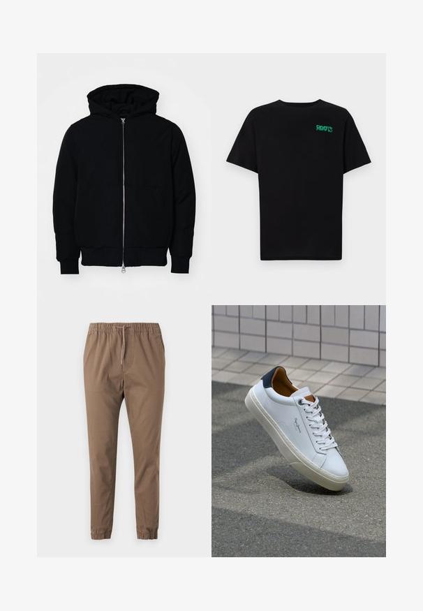 Giacca nera con cappuccio, dotata di zip frontale, tasca a marsupio, polsini e orlo a coste, esposta su uno sfondo bianco semplice.; T-shirt nera in cotone con maniche corte. Presenta un logo verde "ROOTS" sulla parte frontale, colletto rotondo e vestibilità standard.; Pantaloni marroni con vita elastica e cordoncino regolabile, gamba affusolata e orli a risvolto. Tessuto morbido con una superficie liscia e senza pattern visibili.; Sneaker bianca in pelle con tallone blu, punta rotonda e accenti marroni a contrasto. Presenta lacci piatti e suola in gomma testurizzata.