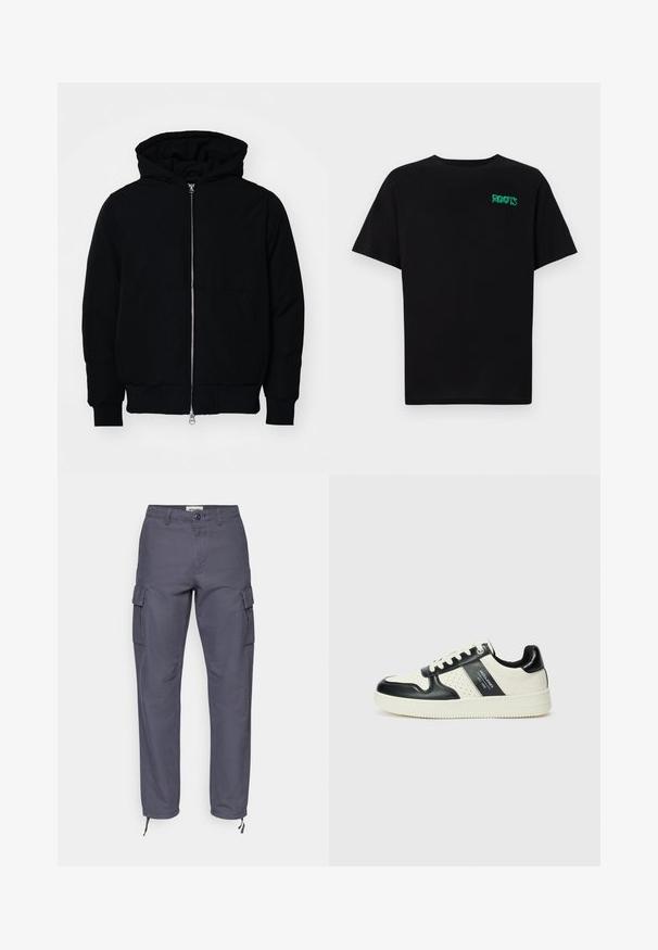 Black hooded jacket with front zipper, kangaroo pocket, ribbed cuffs, and hem, displayed on a plain white background.; Black t-shirt made of cotton with short sleeves. Features a green "ROOTS" logo on the front, round neckline, and standard fit.; Cargo pants in dark gray cotton. Features side pockets, a button closure, and adjustable hems with ties. Straight-leg design with seamless texture.; Leather sneakers with a black and cream color scheme, featuring perforated accents, a padded collar, and a textured outsole.