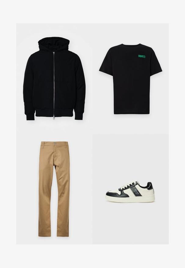 Melna kapucēta jaka ar priekšējo rāvējslēdzēju, kenguru kabatu, ribinātām aprocēm un apakšmalu, parādīta uz vienkārša balta fona.; Melna kokvilnas t-kreka ar īsām piedurknēm. Uz priekšu ir zaļa "ROOTS" logo, apaļa kakla izgriezums un standarta piegriezums.; Klājošas kokvilnas bikses ar taisnu kāju dizainu, priekšpusē ar pogu aizdari, jostu cilpiņām un sānu kabatām. Gluda tekstūra.; Ādas sporta apavi ar melnbaltu krāsu shēmu, ar perforētiem akcentiem, mīkstinātu apkakli un teksturētu zoli.