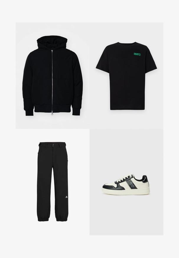 Black hooded jacket with front zipper, kangaroo pocket, ribbed cuffs, and hem, displayed on a plain white background.; Black t-shirt made of cotton with short sleeves. Features a green "ROOTS" logo on the front, round neckline, and standard fit.; Black pants made of lightweight fabric, featuring a relaxed fit, elasticized cuffs, belt loops, and a small colored logo on the lower leg.; Leather sneakers with a black and cream color scheme, featuring perforated accents, a padded collar, and a textured outsole.