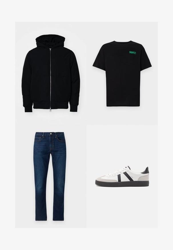 Crna kapuška jakna s prednjim zatvaračem, kenguru džepom, rebrastim manžetama i rubom, prikazana na običnoj bijeloj pozadini.; Crna majica kratkih rukava od pamuka. Na prednjem dijelu se nalazi zeleni "ROOTS" logo, okrugli izrez i standardni kroj.; Tamno plave traperice s ravnim nogavicama. Značajke uključuju kontrastne šavove, pet džepova i prednje kopčanje na gumb.; Bijele tenisice s crnim i sivim detaljima, s teksturiranim sivim zaštitnikom prstiju, crnim gumene potplate i ravnim bijelim vezicama. Čist dizajn, minimalistički stil.