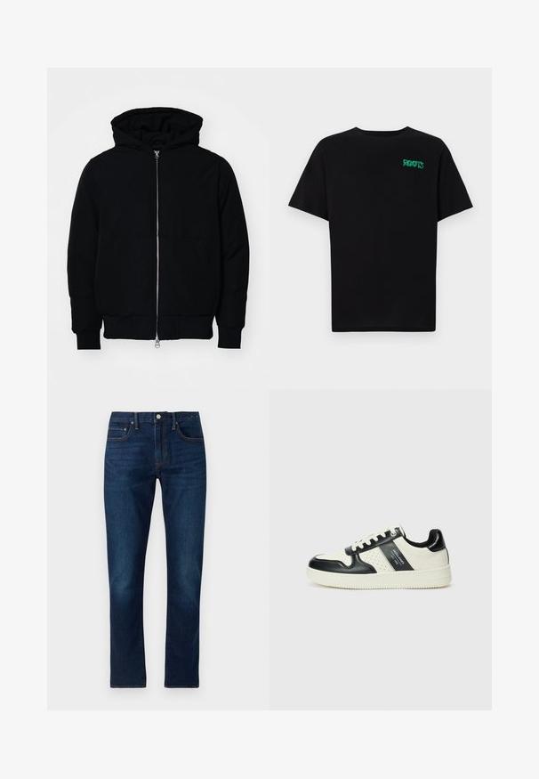 Fekete kapucnis dzseki elülső cipzárral, kenguruzsebbel, bordázott mandzsettákkal és aba, egy sima fehér háttér előtt.; Fekete, pamutból készült póló rövid ujjakkal. Elöl zöld "ROOTS" logóval, kerek nyakkivágással és normál szabással.; Sötétkék farmernadrág egyenes szárvágással. Jellemzői közé tartozik a kontrasztos varrás, öt zseb és elöl gombos záródás.; Fekete és krém színű bőrsneaker, perforált díszítésekkel, párnázott bokapánttal és texturált talppal.