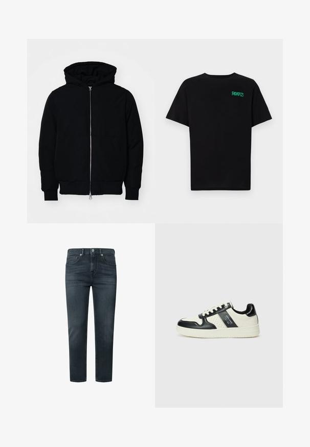 Melna kapucēta jaka ar priekšējo rāvējslēdzēju, kenguru kabatu, ribinātām aprocēm un apakšmalu, parādīta uz vienkārša balta fona.; Melna kokvilnas t-kreka ar īsām piedurknēm. Uz priekšu ir zaļa "ROOTS" logo, apaļa kakla izgriezums un standarta piegriezums.; Tumši pelēki džinsi ar taisnu griezumu, piecām kabatām, pogu un rāvējslēdzēju, ar smalkiem izšuvumiem.; Ādas sporta apavi ar melnbaltu krāsu shēmu, ar perforētiem akcentiem, mīkstinātu apkakli un teksturētu zoli.