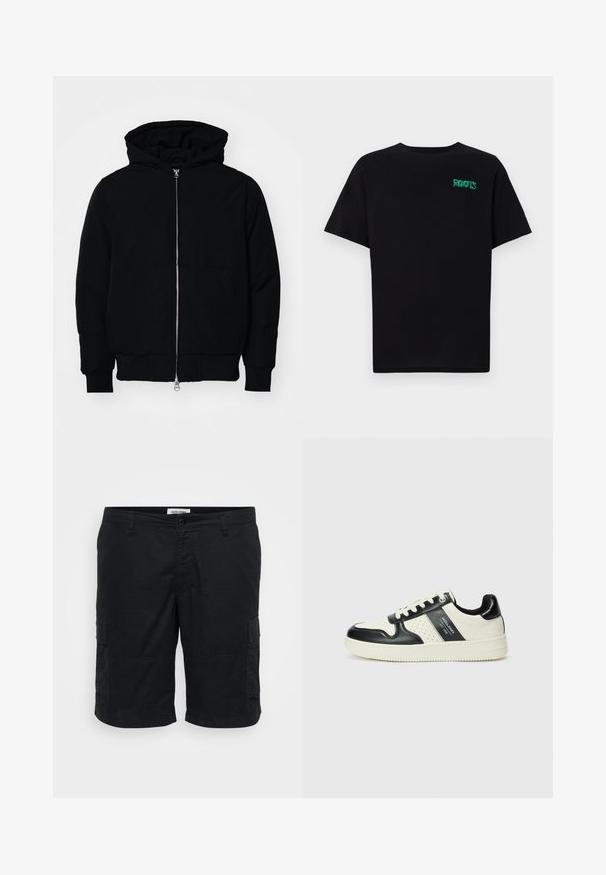 Black hooded jacket with front zipper, kangaroo pocket, ribbed cuffs, and hem, displayed on a plain white background.; Black t-shirt made of cotton with short sleeves. Features a green "ROOTS" logo on the front, round neckline, and standard fit.; Black cargo shorts made of cotton. Features include two side pockets, a relaxed fit, and a flat front with a button closure.; Leather sneakers with a black and cream color scheme, featuring perforated accents, a padded collar, and a textured outsole.