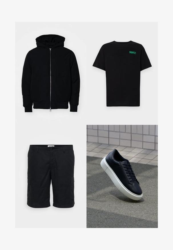 Giacca nera con cappuccio, dotata di zip frontale, tasca a marsupio, polsini e orlo a coste, esposta su uno sfondo bianco semplice.; T-shirt nera in cotone con maniche corte. Presenta un logo verde "ROOTS" sulla parte frontale, colletto rotondo e vestibilità standard.; Pantaloni cargo neri realizzati in cotone. Le caratteristiche includono due tasche laterali, una vestibilità comoda e una parte anteriore piatta con chiusura a bottone.; Sneaker in pelle nera con punta arrotondata e suola in gomma bianca. Presenta lacci piatti e cuciture minime sulla parte superiore. Suola testurizzata per una migliore aderenza.