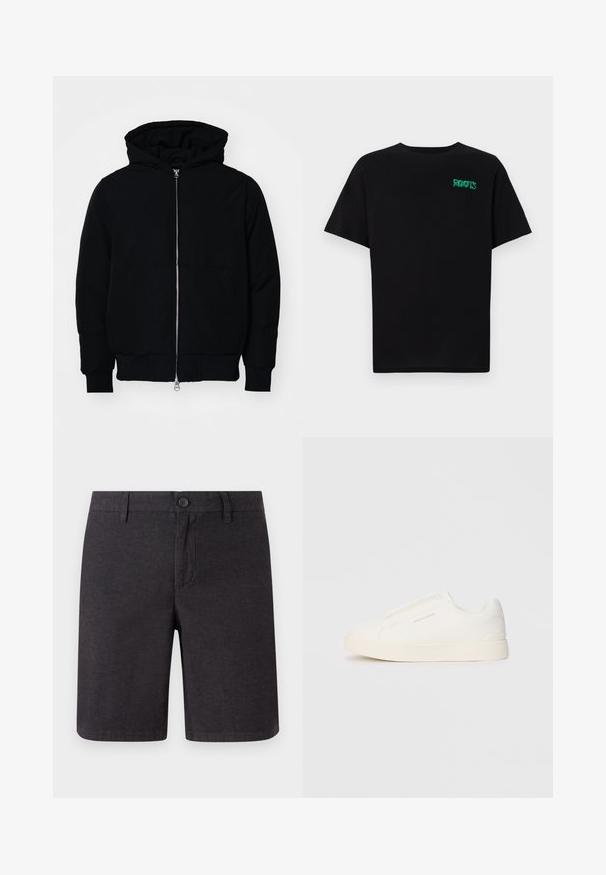 Svart hettejakke med frontglidelås, kengurulomme, ribbestrikket mansjetter og søm, vist på en ensfarget hvit bakgrunn.; svart t-skjorte laget av bomull med korte ermer. Har et grønt "ROOTS"-logo på forsiden, rund halsutringning og standard passform.; Mørkegrå shorts laget av vevd stoff, med knappelukking, beltehemper og rett ben-design, med rene hem og side lommer.; Hvite slip-on joggesko med teksturert overflate, tykk såle og minimalistisk design. Har merkevarelogo på siden.