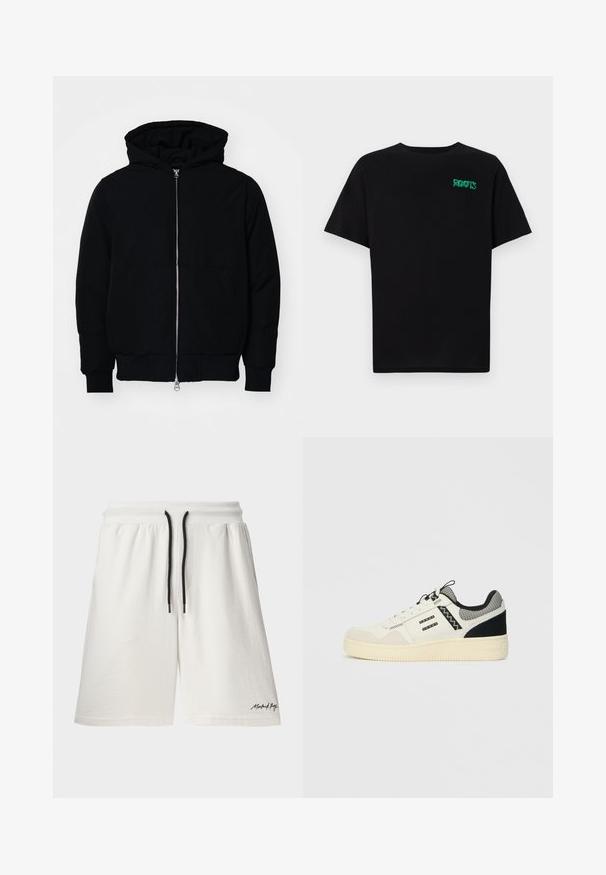 Black hooded jacket with front zipper, kangaroo pocket, ribbed cuffs, and hem, displayed on a plain white background.; Black t-shirt made of cotton with short sleeves. Features a green "ROOTS" logo on the front, round neckline, and standard fit.; White cotton shorts with a drawstring waistband and black accents. Features side pockets and a small logo on the hem. Soft texture.; White sneaker with a textured suede and leather upper, black accents, mesh collar, lace-up design, and a thick rubber sole.