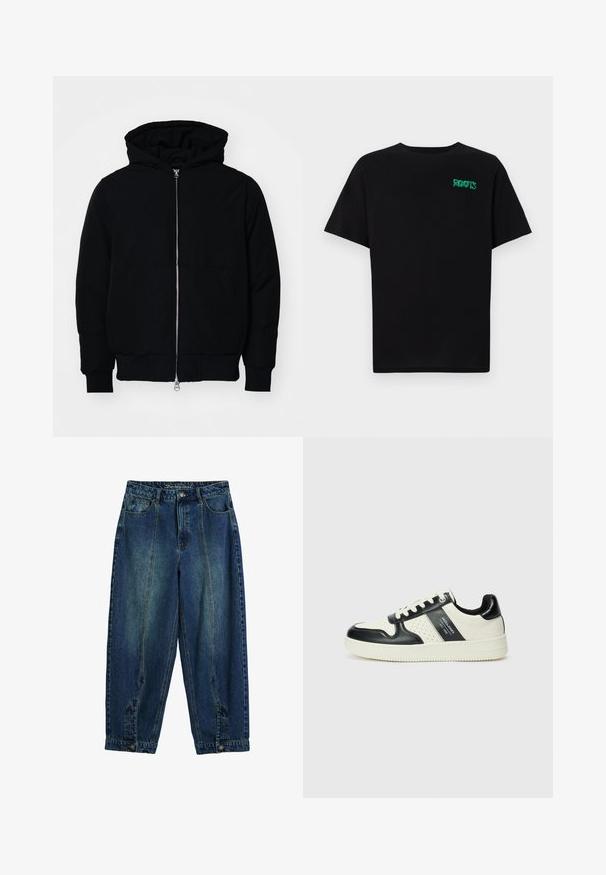 Juodas gobtuvėlis su priekiniu užtrauktuku, kengūros tipo kišene, lygiais rankogaliais ir apvadu, pateiktas ant vientiso balto fono.; Juodas medvilninis marškinėliai trumpomis rankovėmis. Priekyje yra žalias „ROOTS“ logotipas, apvalus iškirpimas ir standartinė prigludimo forma.; Džinsai su klasikiniu mėlynu atspalviu, aukštu liemeniu, laisvu siluetu, priekinėmis ir galinėmis kišenėmis, bei sagų užtrauktuku liemens srityje.; Odiniai sportbačiai juodos ir kreminės spalvų schemoje, su perforuotais akcentais, paminkštinta apykakle ir tekstūruotu padu.
