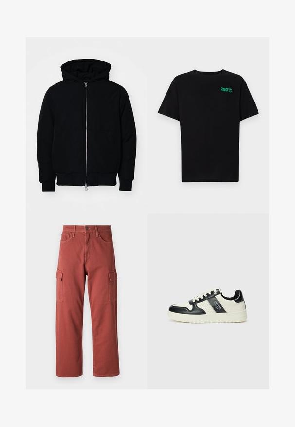Zwarte hoodie met rits aan de voorkant, kangoeroe-pocket, geribbelde manchetten en zoom, weergegeven op een effen witte achtergrond.; Zwarte T-shirt van katoen met korte mouwen. Heeft een groen "ROOTS" logo op de voorkant, een ronde halslijn en een standaard pasvorm.; Cargo pants in een roodbruine kleur, gemaakt van stevig materiaal, met zijzakken, rechte pijpen en zichtbare stiksels.; Leren sneakers met een zwart en crèmekleurig kleurenschema, voorzien van geperforeerde accenten, een gevoerde kraag en een gestructureerde buitenzool.