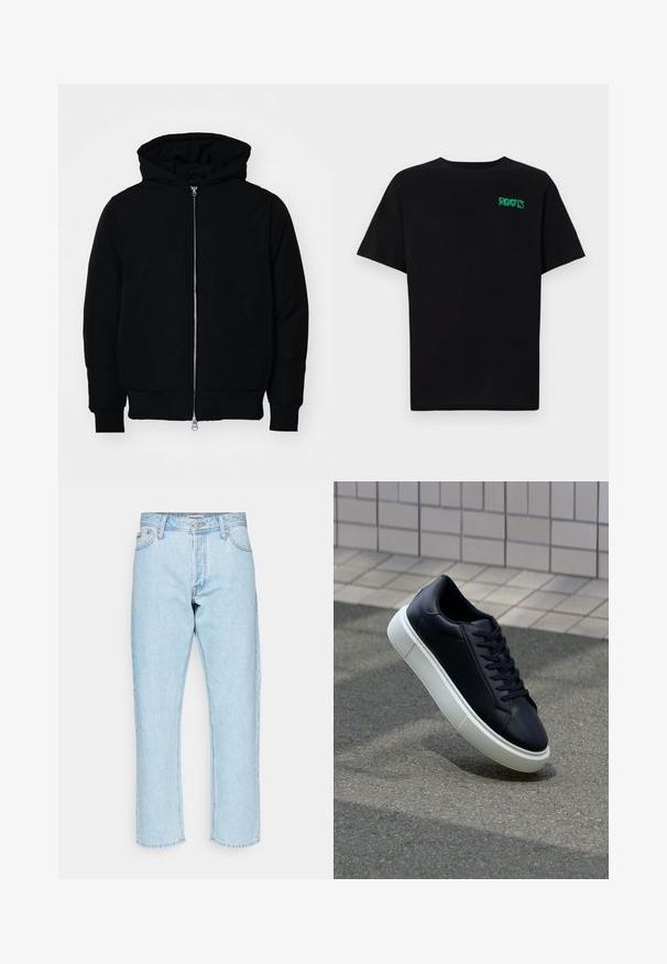 Juodas gobtuvėlis su priekiniu užtrauktuku, kengūros tipo kišene, lygiais rankogaliais ir apvadu, pateiktas ant vientiso balto fono.; Juodas medvilninis marškinėliai trumpomis rankovėmis. Priekyje yra žalias „ROOTS“ logotipas, apvalus iškirpimas ir standartinė prigludimo forma.; Šviesiai mėlynos džinsinės kelnės su tiesaus kirpimo dizainu, turinčios klasikinį penkių kišenių stilių ir metalines detales.; Juodas odinis sportbačius su apvaliu pirštu ir baltu gumuotu padu. Turi plokščias raišteles ir minimalų siuvimą viršuje. Padangos tekstūra užtikrina sukibimą.