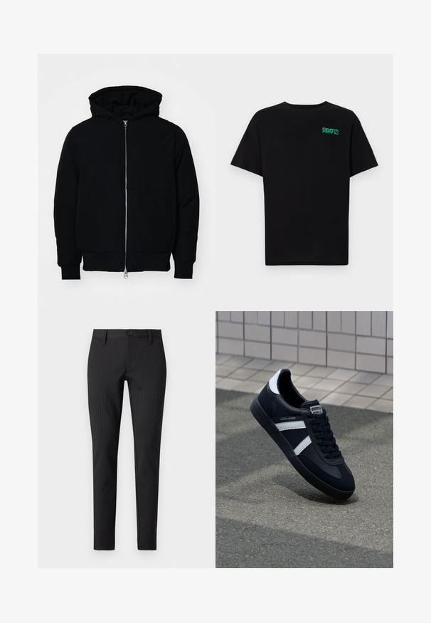 Veste à capuche noire avec fermeture éclair sur le devant, poche kangourou, poignets et ourlet côtelés, présentée sur un fond blanc uni.; T-shirt noir en coton à manches courtes. Présente un logo "ROOTS" vert sur le devant, un col rond et une coupe standard.; Pantalons à rayures noires avec une coupe plate, ajustée, dotés d'une fermeture boutonnée et de passants de ceinture, fabriqués dans un matériau textile lisse.; Sneaker en cuir noir avec des rayures blanches, semelle en caoutchouc texturée et devant à lacets. Présente une étiquette de marque sur la languette.