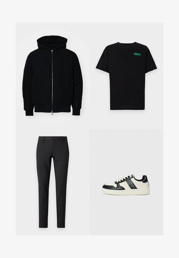 Sort hættejakke med frontlynlås, kængurulomme, ribbede manchetter og kant, præsenteret på en ensfarvet hvid baggrund.; Sort t-shirt lavet af bomuld med korte ærmer. Har et grønt "ROOTS" logo på forsiden, rund halsudskæring og almindelig pasform.; Sorte stribede bukser med flad front, slim fit, med knaplukning og bæltesløjfer, lavet af et glat tekstilmateriale.; Lædersneakers i sort og creme farveskema, med perforerede detaljer, en polstret krave og en struktureret ydersål.