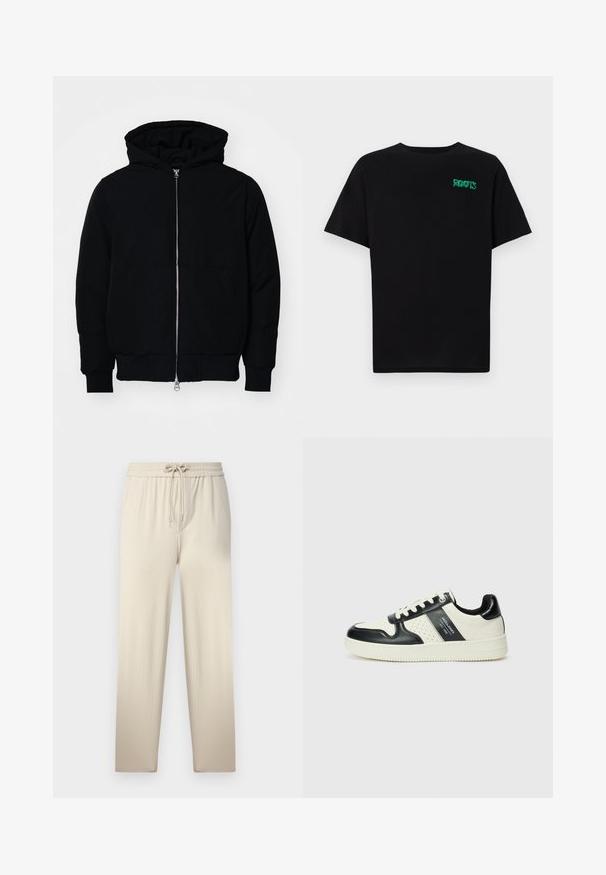 Black hooded jacket with front zipper, kangaroo pocket, ribbed cuffs, and hem, displayed on a plain white background.; Black t-shirt made of cotton with short sleeves. Features a green "ROOTS" logo on the front, round neckline, and standard fit.; Beige sweatpants with a drawstring waistband, featuring a textured fabric and two side pockets, tapering gently towards the ankle.; Leather sneakers with a black and cream color scheme, featuring perforated accents, a padded collar, and a textured outsole.