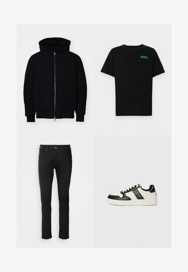 Fekete kapucnis dzseki elülső cipzárral, kenguruzsebbel, bordázott mandzsettákkal és aba, egy sima fehér háttér előtt.; Fekete, pamutból készült póló rövid ujjakkal. Elöl zöld "ROOTS" logóval, kerek nyakkivágással és normál szabással.; Fekete pamut farmernadrág egyenes szabással, elülső gombos záródással, övhurkokkal és standard zsebekkel, sima textúrával.; Fekete és krém színű bőrsneaker, perforált díszítésekkel, párnázott bokapánttal és texturált talppal.