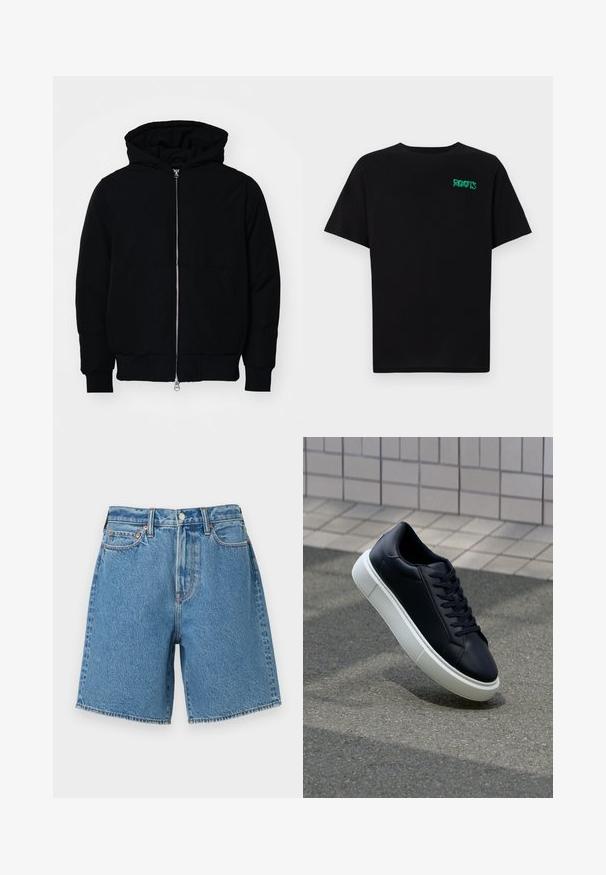 Svart hettejakke med frontglidelås, kengurulomme, ribbestrikket mansjetter og søm, vist på en ensfarget hvit bakgrunn.; svart t-skjorte laget av bomull med korte ermer. Har et grønt "ROOTS"-logo på forsiden, rund halsutringning og standard passform.; Lys blå denimshorts med høy midje, fem-pocket design, sydd kanter og metallknapplukking. Teksturert med en klassisk finish.; Sorte skinnsneakers med rund tå og hvit gummisåle. Har flate lisser og minimal søm på overdelen. Strukturert såle for grep.