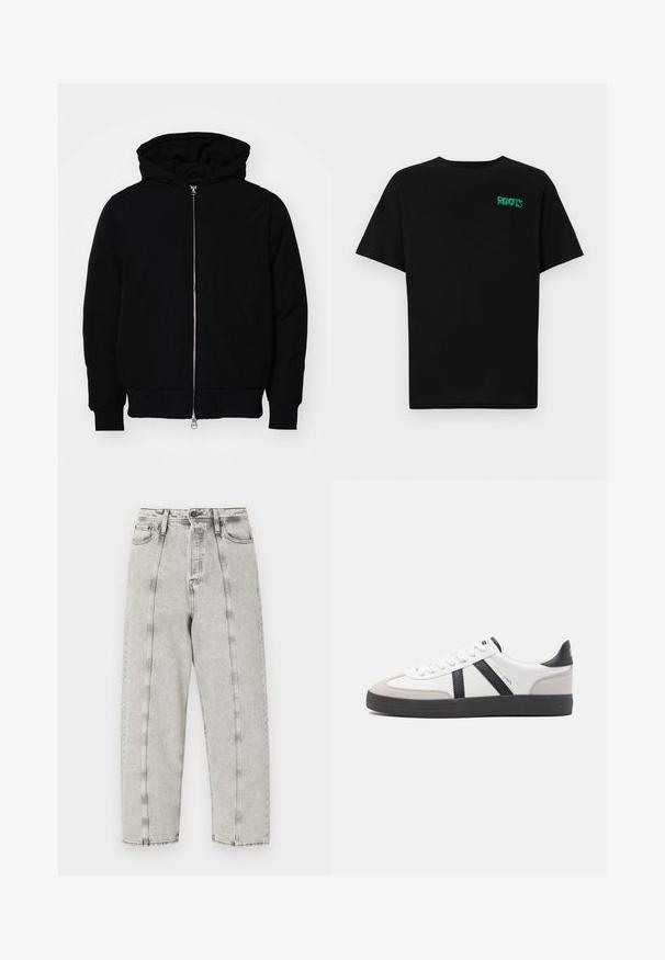 Črna kapuca jakna s sprednjim zadrgo, kenguru žepom, rebrastimi manšetami in hemom, razstavljena na enostavni beli ozadju.; Črna majica iz bombaža z kratkimi rokavi. Na sprednji strani ima zeleno logotip "ROOTS", okroglo ovratnico in standardno prileganje.; Sive visoke kavbojke z ohlapnim krojem, ki imajo ravne hlačnice, vidno šivanje in uničen videz.; Bela športna obutev z črnimi in sivo akcenti, z teksturirano sivo kapico za prste, črnim gumijastim podplatom in ravnimi belimi vezalkami. Čista zasnova, minimalistični slog.