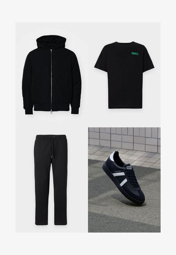 Zwarte hoodie met rits aan de voorkant, kangoeroe-pocket, geribbelde manchetten en zoom, weergegeven op een effen witte achtergrond.; Zwarte T-shirt van katoen met korte mouwen. Heeft een groen "ROOTS" logo op de voorkant, een ronde halslijn en een standaard pasvorm.; Zwarte joggingbroek van zacht materiaal, met een elastische tailleband en een verstelbaar trekkoord, zijzakken en een recht pijpdesign.; Zwarte leren sneaker met witte strepen, een gestructureerde rubberen zool en vetersluiting aan de voorkant. Voorzien van een merklabel op de tong.