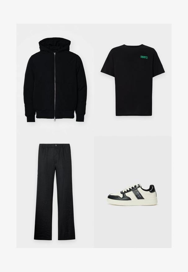 Juodas gobtuvėlis su priekiniu užtrauktuku, kengūros tipo kišene, lygiais rankogaliais ir apvadu, pateiktas ant vientiso balto fono.; Juodas medvilninis marškinėliai trumpomis rankovėmis. Priekyje yra žalias „ROOTS“ logotipas, apvalus iškirpimas ir standartinė prigludimo forma.; Juodi lino kelnes su laisvu siluetu, su elastinga juostos ir mygtukų detale, demonstruojančios glotnų tekstūrą ir plačių kojų dizainą.; Odiniai sportbačiai juodos ir kreminės spalvų schemoje, su perforuotais akcentais, paminkštinta apykakle ir tekstūruotu padu.