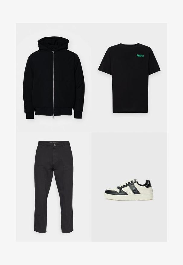 Melna kapucēta jaka ar priekšējo rāvējslēdzēju, kenguru kabatu, ribinātām aprocēm un apakšmalu, parādīta uz vienkārša balta fona.; Melna kokvilnas t-kreka ar īsām piedurknēm. Uz priekšu ir zaļa "ROOTS" logo, apaļa kakla izgriezums un standarta piegriezums.; Melnas bikses, kas izgatavotas no kokvilnas maisījuma, ar taisnu kāju dizainu. Iezīmējas ar kabatām un šuvju detaļām. Vienkāršas, bez rakstiem.; Ādas sporta apavi ar melnbaltu krāsu shēmu, ar perforētiem akcentiem, mīkstinātu apkakli un teksturētu zoli.