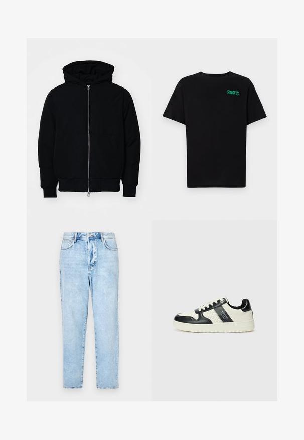 Čierna kapucňová bunda s predným zipsom, klokaními vreckami, rebrovanými manžetami a lemom, zobrazená na bielom pozadí.; Čierne tričko s krátkymi rukávmi vyrobené z bavlny. Na prednej strane má zelené logo "ROOTS", okrúhly výstrih a štandardný strih.; Svetlomodré denimové džínsy so strihom rovného nohavice, s piatimi vreckami a zapínaním na gombík. Opotrebovaný vzhľad s vybledlými miestami.; Kožené tenisky v čierno-krémovej farbe, s perforovanými akcentmi, polstrovaným golierom a štruktúrovanou podrážkou.