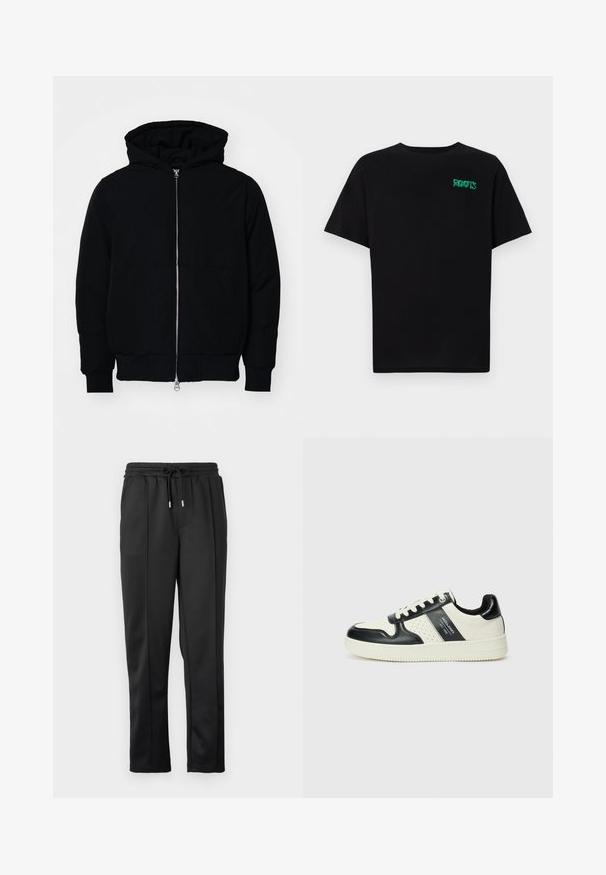 Juodas gobtuvėlis su priekiniu užtrauktuku, kengūros tipo kišene, lygiais rankogaliais ir apvadu, pateiktas ant vientiso balto fono.; Juodas medvilninis marškinėliai trumpomis rankovėmis. Priekyje yra žalias „ROOTS“ logotipas, apvalus iškirpimas ir standartinė prigludimo forma.; Juodi sportiniai šortai su raišteliais juosmenyje, elastingais rankogaliais ir lygia medžiaga, kurioje yra subtilių šoninių detalių. Nėra matomų detalčių.; Odiniai sportbačiai juodos ir kreminės spalvų schemoje, su perforuotais akcentais, paminkštinta apykakle ir tekstūruotu padu.