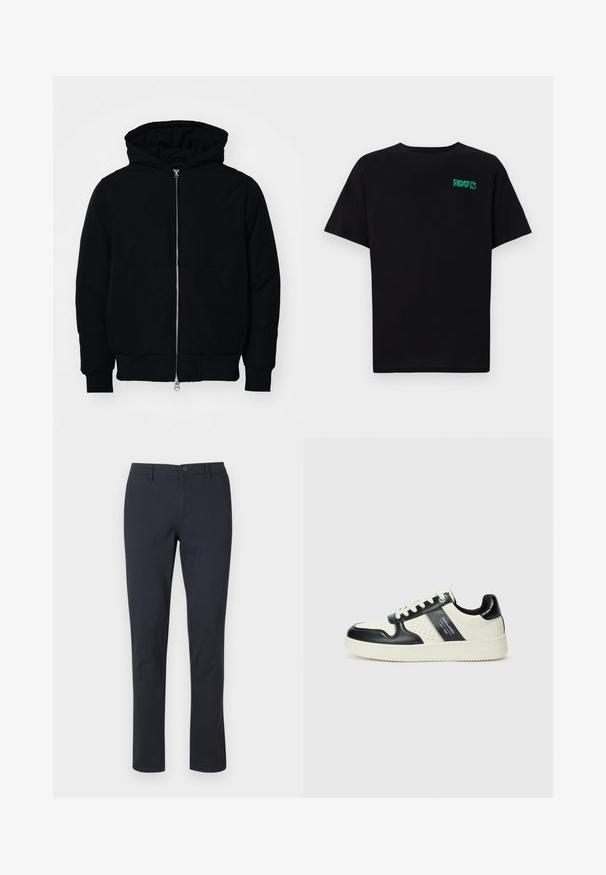 Schwarze Kapuzenjacke mit Frontreißverschluss, Kängurutasche, gerippten Bündchen und Saum, auf einem schlichten weißen Hintergrund präsentiert.; Schwarzes T-Shirt aus Baumwolle mit kurzen Ärmeln. Auf der Vorderseite befindet sich ein grünes "ROOTS"-Logo, es hat einen runden Halsauschnitt und eine normale Passform.; Schwarze Baumwollhosen mit geradem Bein, Knopfverschluss und Seitentaschen; glatte Textur und keine sichtbaren Muster.; Leder-Sneaker in Schwarz- und Cremetönen, mit perforierten Akzenten, einem gepolsterten Kragen und einer strukturierten Laufsohle.