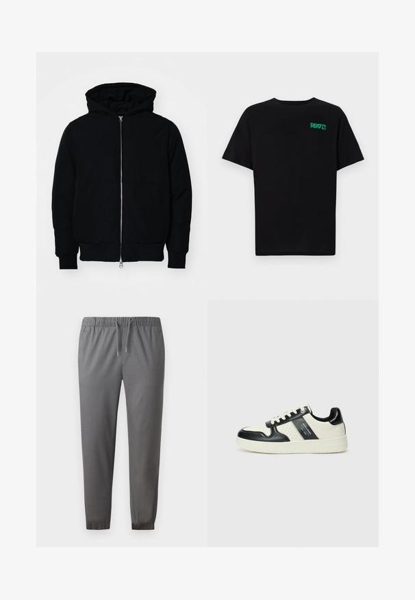 Giacca nera con cappuccio, dotata di zip frontale, tasca a marsupio, polsini e orlo a coste, esposta su uno sfondo bianco semplice.; T-shirt nera in cotone con maniche corte. Presenta un logo verde "ROOTS" sulla parte frontale, colletto rotondo e vestibilità standard.; Pantaloni jogger grigi realizzati in tessuto morbido, con vita elastica e cordino, caviglie elastiche e una texture liscia.; Sneakers in pelle con una combinazione di colori nero e crema, dotati di dettagli perforati, collare imbottito e suola testurizzata.