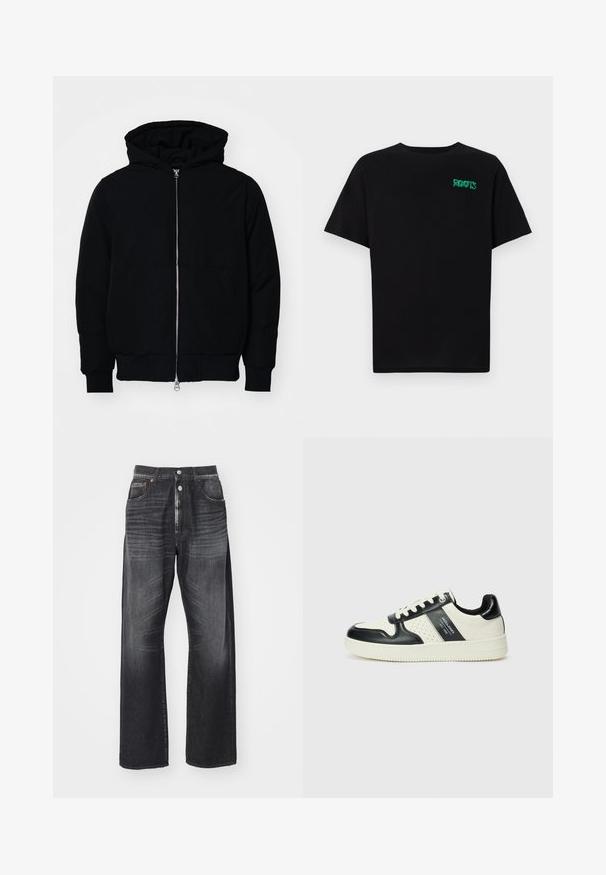 Schwarze Kapuzenjacke mit Frontreißverschluss, Kängurutasche, gerippten Bündchen und Saum, auf einem schlichten weißen Hintergrund präsentiert.; Schwarzes T-Shirt aus Baumwolle mit kurzen Ärmeln. Auf der Vorderseite befindet sich ein grünes "ROOTS"-Logo, es hat einen runden Halsauschnitt und eine normale Passform.; Dunkle, weit geschnittene Jeans aus Denim mit Knopfverschluss, Fünf-Taschen-Design und dezentem Verblassen des Stoffs.; Leder-Sneaker in Schwarz- und Cremetönen, mit perforierten Akzenten, einem gepolsterten Kragen und einer strukturierten Laufsohle.
