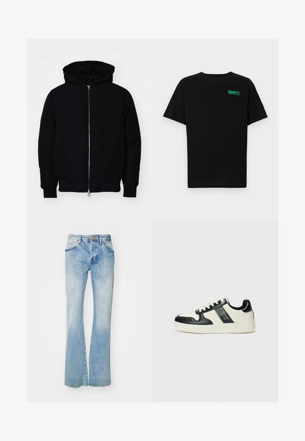 Jachetă neagră cu glugă, cu fermoar în față, buzunar tip kangaroo, mansete și tiv ribbed, prezentată pe un fundal alb simplu.; Tricou negru din bumbac, cu mâneci scurte. Prezintă un logo verde "ROOTS" pe față, guler rotund și o potrivire standard.; Jeanși evazați de culoare albastru deschis, confecționați din denim, cu un aspect decolorat, buzunare frontale, bucle pentru curea și închidere cu un nasture cupru.; Tenisi din piele cu un scheme de culori negru și crem, dotati cu accente perforate, guler căptușit și o talpă texturată.