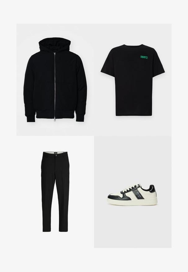 Črna kapuca jakna s sprednjim zadrgo, kenguru žepom, rebrastimi manšetami in hemom, razstavljena na enostavni beli ozadju.; Črna majica iz bombaža z kratkimi rokavi. Na sprednji strani ima zeleno logotip "ROOTS", okroglo ovratnico in standardno prileganje.; Črne hlače iz gladkega materiala, s prilagojenim dizajnom, ravnimi nogavicami, dvema sprednjima žepoma in posamičnim gumbom za zapiranje.; Usnjeni športni čevlji z črno in krem barvno shemo, ki vključujejo perforirane dodatke, podložen ovratnik in strukturirano podplat.