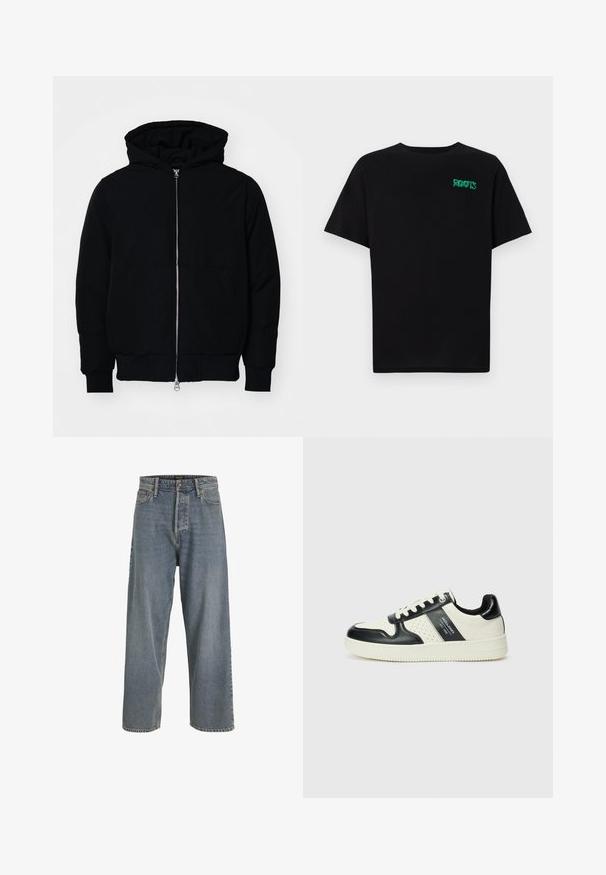 Čierna kapucňová bunda s predným zipsom, klokaními vreckami, rebrovanými manžetami a lemom, zobrazená na bielom pozadí.; Čierne tričko s krátkymi rukávmi vyrobené z bavlny. Na prednej strane má zelené logo "ROOTS", okrúhly výstrih a štandardný strih.; Svetlomodré džínsy s širokými nohavicami a vysokým pásom, s piatimi vreckami a viditeľným prešívaním. Mäkká textúra s mierne vyblednutým vzhľadom.; Kožené tenisky v čierno-krémovej farbe, s perforovanými akcentmi, polstrovaným golierom a štruktúrovanou podrážkou.
