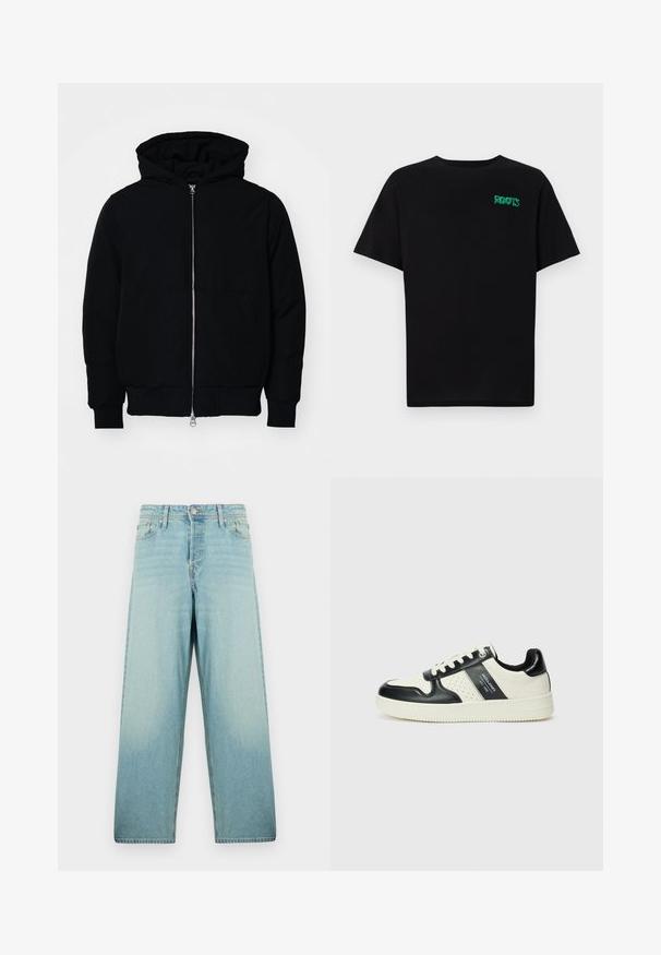 Mustat huppu-untuvatakki, jossa on vetoketju edessä, kenguru-tasku, ribatut hihansuut ja helma, esillä yksinkertaisella valkoisella taustalla.; Mustat t-paidat, jotka on valmistettu puuvillasta ja joissa on lyhyet hihat. Edessä vihreä "ROOTS"-logo, pyöreä kaula-aukko ja normaali istuvuus.; Vaaleansiniset leveät farkut, jotka on valmistettu denimistä ja joissa on haalistunut pesu. Varustettu edessä napilla kiinnityksellä ja viidellä taskulla.; Nahkakengät musta-kerma värimaailmassa, joissa on rei'itetyt yksityiskohdat, pehmustettu nilkkaosa ja teksturoitu pohja.