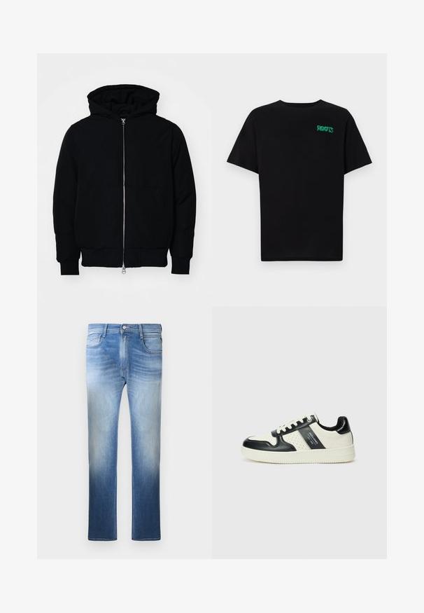 Chaqueta negra con capucha, cierre frontal, bolsillo tipo canguro, y puños y dobladillo acanalados, exhibida sobre un fondo blanco liso.; Camiseta negra de algodón con mangas cortas. Presenta un logo verde "ROOTS" en el frente, escote redondo y corte estándar.; Jeans de mezclilla azul claro con un lavado desgastado, diseño de pierna recta, cinco bolsillos y acentos de costura alrededor de la cinturilla y los bolsillos.; Zapatillas de cuero con un esquema de colores negro y crema, que cuentan con acentos perforados, un collar acolchado y una suela texturizada.
