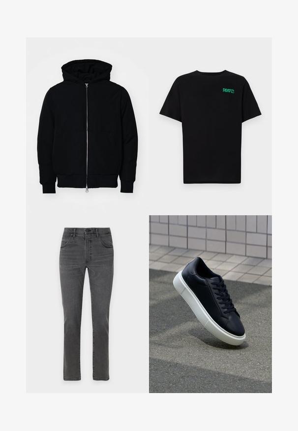 Czarna kurtka z kapturem, z suwakiem z przodu, kieszenią kangurką, ściągaczami przy mankietach i dolnym brzegu, prezentowana na jednolitym białym tle.; Czarna koszulka z bawełny z krótkim rękawem. Posiada zielone logo "ROOTS" z przodu, okrągły dekolt i standardowy krój.; Szare dżinsy z prostą nogawką, pięcioma kieszeniami i zamkiem błyskawicznym z przodu. Posiadają subtelne wyblednięcia i kontrastowe przeszycia.; Czarne skórzane sneakersy z okrągłym noskiem i białą gumową podeszwą. Posiadają płaskie sznurowadła i minimalne przeszycia na cholewce. Teksturowana podeszwa zapewnia przyczepność.