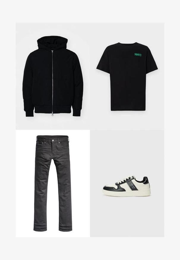 Schwarze Kapuzenjacke mit Frontreißverschluss, Kängurutasche, gerippten Bündchen und Saum, auf einem schlichten weißen Hintergrund präsentiert.; Schwarzes T-Shirt aus Baumwolle mit kurzen Ärmeln. Auf der Vorderseite befindet sich ein grünes "ROOTS"-Logo, es hat einen runden Halsauschnitt und eine normale Passform.; Schwarze Denim-Jeans mit klassischem geraden Beinschnitt. Mit Fronttaschen, Knopfverschluss und dezenten Stickdetails.; Leder-Sneaker in Schwarz- und Cremetönen, mit perforierten Akzenten, einem gepolsterten Kragen und einer strukturierten Laufsohle.