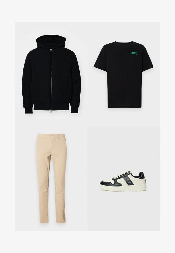 Czarna kurtka z kapturem, z suwakiem z przodu, kieszenią kangurką, ściągaczami przy mankietach i dolnym brzegu, prezentowana na jednolitym białym tle.; Czarna koszulka z bawełny z krótkim rękawem. Posiada zielone logo "ROOTS" z przodu, okrągły dekolt i standardowy krój.; Beżowe bawełniane spodnie o klasycznym kroju, z zamkiem błyskawicznym i zapięciem na guzik, z pętelkami na pasek oraz czystymi nogawkami. Brak widocznych wzorów lub akcentów.; Skórzane sneakersy w czarno-kremowym schemacie kolorystycznym, z perforowanymi akcentami, wyściełanym kołnierzem i teksturowaną podeszwą.