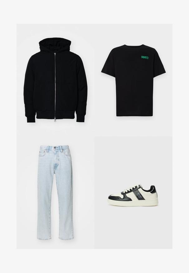 Schwarze Kapuzenjacke mit Frontreißverschluss, Kängurutasche, gerippten Bündchen und Saum, auf einem schlichten weißen Hintergrund präsentiert.; Schwarzes T-Shirt aus Baumwolle mit kurzen Ärmeln. Auf der Vorderseite befindet sich ein grünes "ROOTS"-Logo, es hat einen runden Halsauschnitt und eine normale Passform.; Hellblaue, gerade geschnittene Jeans aus Denim, ausgestattet mit fünf Taschen, einem Reißverschluss und einem Knopfverschluss sowie subtilen Ausbleichungen im Stoff.; Leder-Sneaker in Schwarz- und Cremetönen, mit perforierten Akzenten, einem gepolsterten Kragen und einer strukturierten Laufsohle.