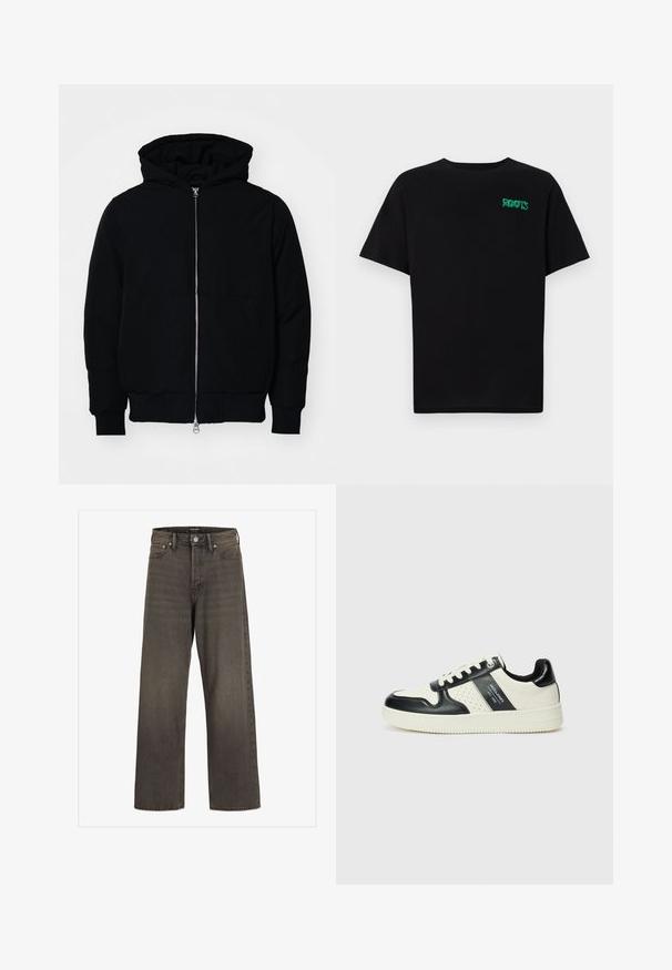 Melna kapucēta jaka ar priekšējo rāvējslēdzēju, kenguru kabatu, ribinātām aprocēm un apakšmalu, parādīta uz vienkārša balta fona.; Melna kokvilnas t-kreka ar īsām piedurknēm. Uz priekšu ir zaļa "ROOTS" logo, apaļa kakla izgriezums un standarta piegriezums.; Platas kājas džinsi tumši pelēkā denima, ar augstu jostasvietu, klasisku piecu kabatu dizainu un kontrastējošām šuvēm.; Ādas sporta apavi ar melnbaltu krāsu shēmu, ar perforētiem akcentiem, mīkstinātu apkakli un teksturētu zoli.