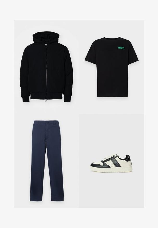 Črna kapuca jakna s sprednjim zadrgo, kenguru žepom, rebrastimi manšetami in hemom, razstavljena na enostavni beli ozadju.; Črna majica iz bombaža z kratkimi rokavi. Na sprednji strani ima zeleno logotip "ROOTS", okroglo ovratnico in standardno prileganje.; Temno modre bombažne hlače s ravnim krojem, ki vključujejo sprednji gumb za zapiranje, zanke za pas in gladko teksturo.; Usnjeni športni čevlji z črno in krem barvno shemo, ki vključujejo perforirane dodatke, podložen ovratnik in strukturirano podplat.