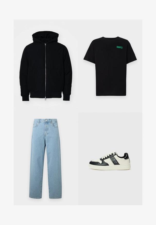 Zwarte hoodie met rits aan de voorkant, kangoeroe-pocket, geribbelde manchetten en zoom, weergegeven op een effen witte achtergrond.; Zwarte T-shirt van katoen met korte mouwen. Heeft een groen "ROOTS" logo op de voorkant, een ronde halslijn en een standaard pasvorm.; Lichtblauwe wijde jeans van denim, met een knoopsluiting aan de voorkant, een traditionele vijf-pocket ontwerp en een relaxte pasvorm.; Leren sneakers met een zwart en crèmekleurig kleurenschema, voorzien van geperforeerde accenten, een gevoerde kraag en een gestructureerde buitenzool.