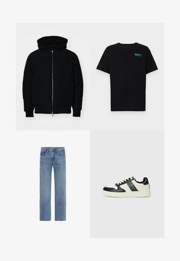 Svart huoodiejacka med framdragkedja, känguruficka, ribbade ärmslut och nederkant, uppställd mot en vit bakgrund.; Svart t-shirt i bomull med korta ärmar. Har en grön "ROOTS" logotyp på framsidan, rund halsringning och standard passform.; Ljusblå denimjeans med rak benpassform, som har en klassisk femfickdesign och synliga sömnadsdetaljer. Inga dekorationer.; Läder sneakers med en svart och krämfärgad färgsättning, med perforerade detaljer, en vadderad krage och en strukturerad yttersula.