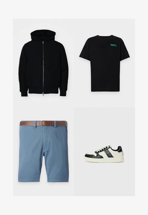 Giacca nera con cappuccio, dotata di zip frontale, tasca a marsupio, polsini e orlo a coste, esposta su uno sfondo bianco semplice.; T-shirt nera in cotone con maniche corte. Presenta un logo verde "ROOTS" sulla parte frontale, colletto rotondo e vestibilità standard.; Pantaloni corti blu in cotone con cintura in pelle marrone, taglio dritto, tasche anteriori e orli rifiniti in modo pulito.; Sneakers in pelle con una combinazione di colori nero e crema, dotati di dettagli perforati, collare imbottito e suola testurizzata.