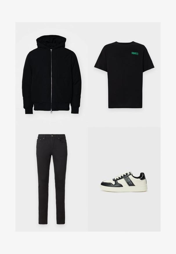 Mustat huppu-untuvatakki, jossa on vetoketju edessä, kenguru-tasku, ribatut hihansuut ja helma, esillä yksinkertaisella valkoisella taustalla.; Mustat t-paidat, jotka on valmistettu puuvillasta ja joissa on lyhyet hihat. Edessä vihreä "ROOTS"-logo, pyöreä kaula-aukko ja normaali istuvuus.; Mustat farkut slim fit -mallia. Tehty denimistä, jossa on vetoketjuhäntä, viisi taskua ja hienovaraisia ompeluyksityiskohtia.; Nahkakengät musta-kerma värimaailmassa, joissa on rei'itetyt yksityiskohdat, pehmustettu nilkkaosa ja teksturoitu pohja.