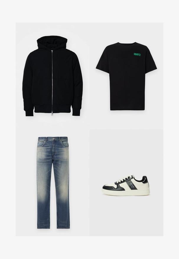 Črna kapuca jakna s sprednjim zadrgo, kenguru žepom, rebrastimi manšetami in hemom, razstavljena na enostavni beli ozadju.; Črna majica iz bombaža z kratkimi rokavi. Na sprednji strani ima zeleno logotip "ROOTS", okroglo ovratnico in standardno prileganje.; Modra džins hlače s ravnim krojem, ki vključujejo subtilno bledenje in detajle za strganje spredaj, zasnovo s petimi žepi in zanke za pas.; Usnjeni športni čevlji z črno in krem barvno shemo, ki vključujejo perforirane dodatke, podložen ovratnik in strukturirano podplat.
