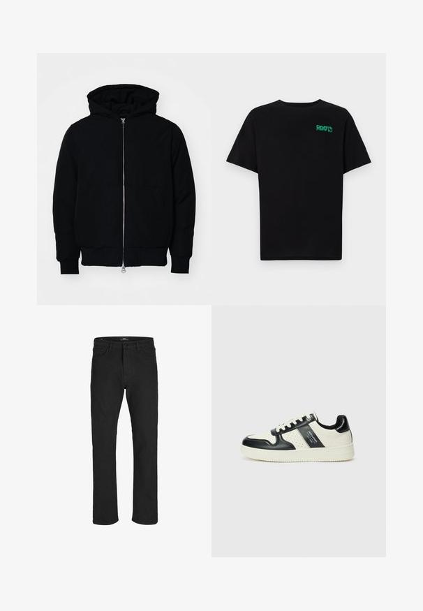 Giacca nera con cappuccio, dotata di zip frontale, tasca a marsupio, polsini e orlo a coste, esposta su uno sfondo bianco semplice.; T-shirt nera in cotone con maniche corte. Presenta un logo verde "ROOTS" sulla parte frontale, colletto rotondo e vestibilità standard.; R.D.D. ROYAL DENIM DIVISION RDD - Jeans a sigaretta - black denim; Sneakers in pelle con una combinazione di colori nero e crema, dotati di dettagli perforati, collare imbottito e suola testurizzata.